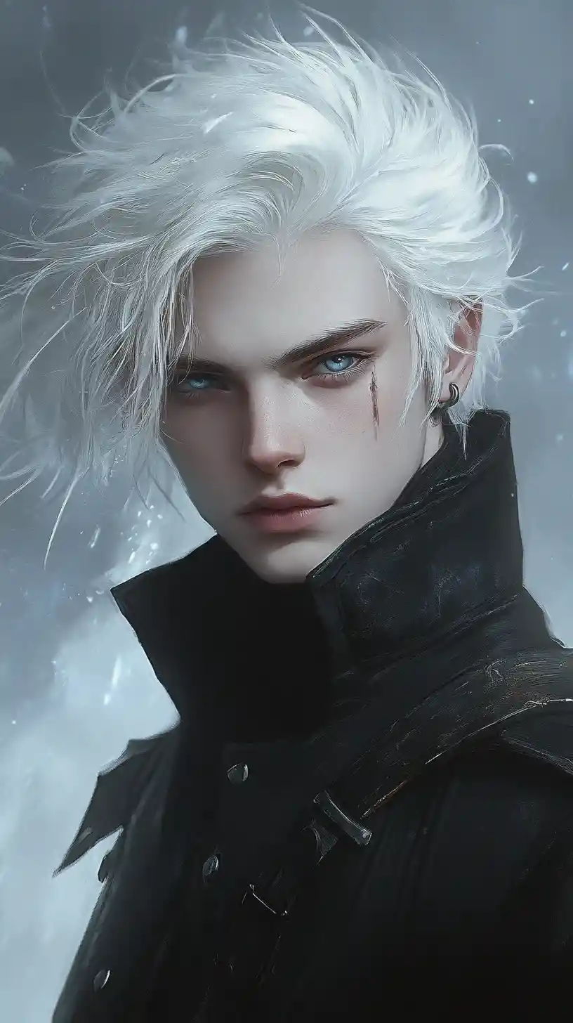 White haired anime man with intense azure gaze