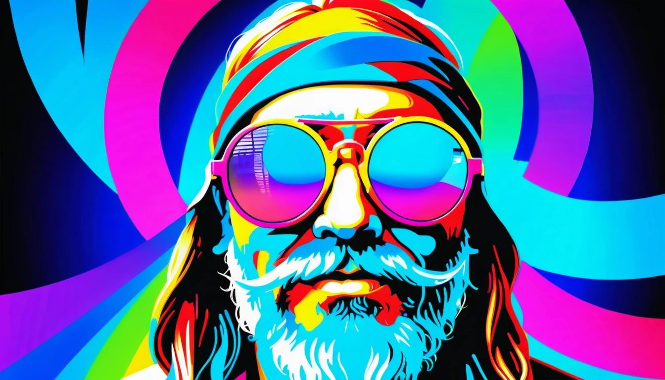 Wizard hippie with vibrant infinity sunglasses and peace sign
