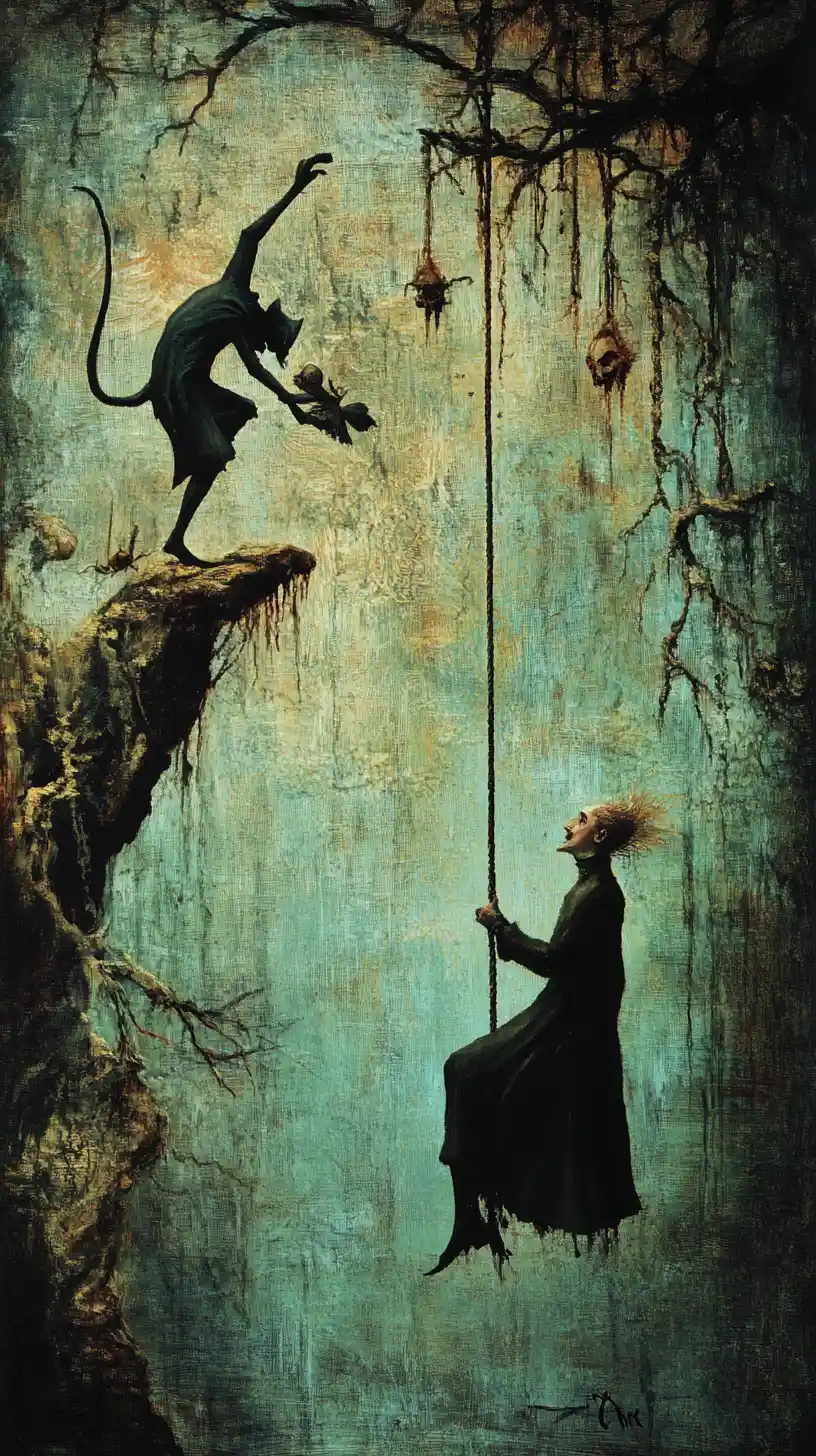 Hanged Man Confronted By An Unseen Thief Below