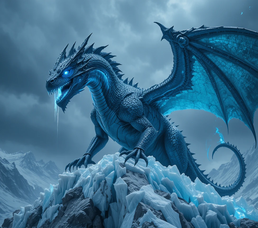 Ancient Blue Dragon On A Shattered Frozen Mountain Peak