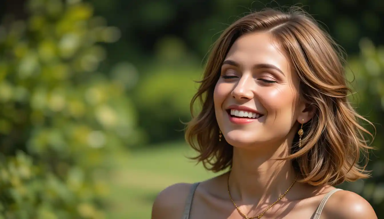Smiling woman enjoying warm sunlight in a green garden