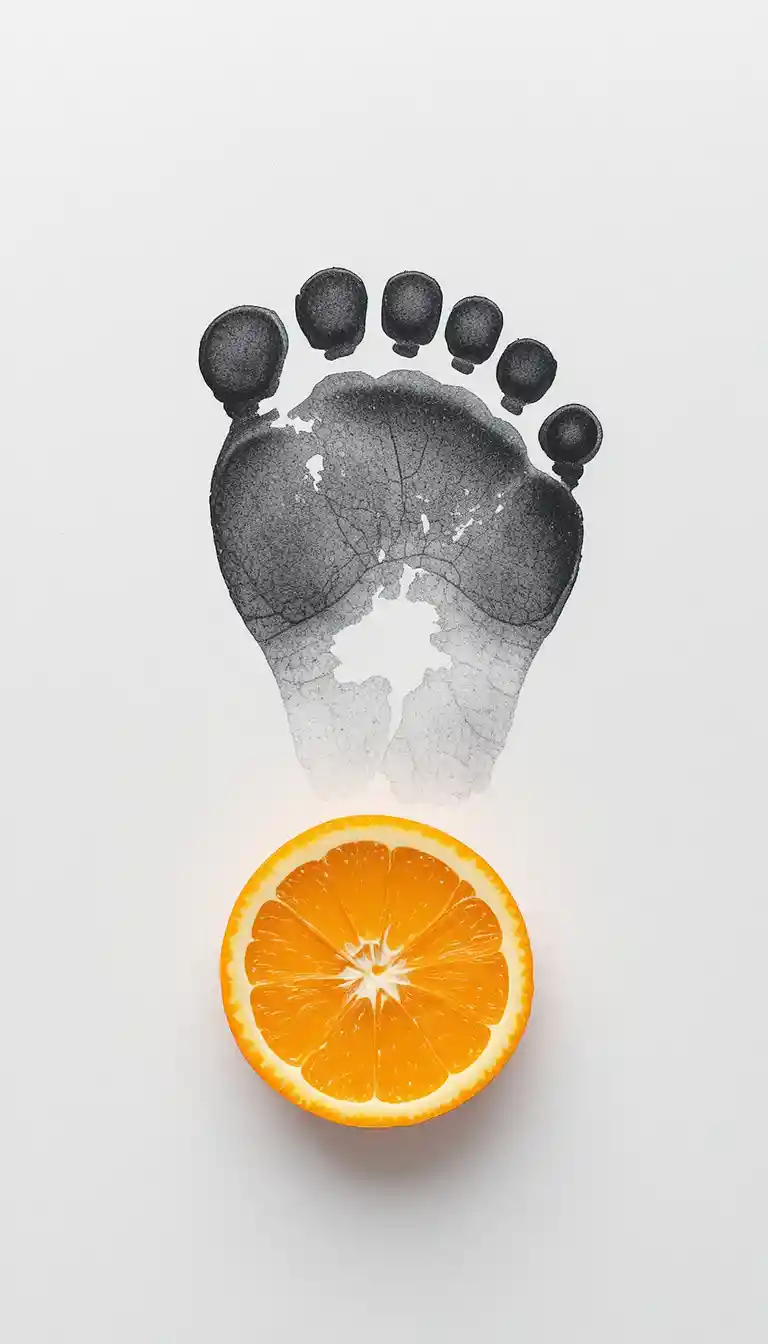 Minimalist baby toeprint above a juicy orange slice