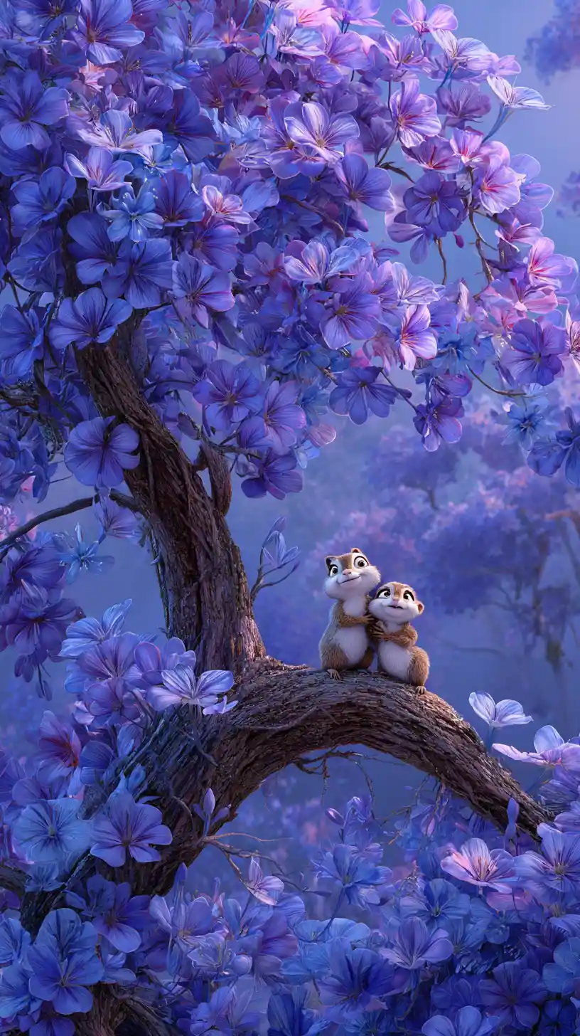 Two cute 3D squirrels on a blooming tree branch