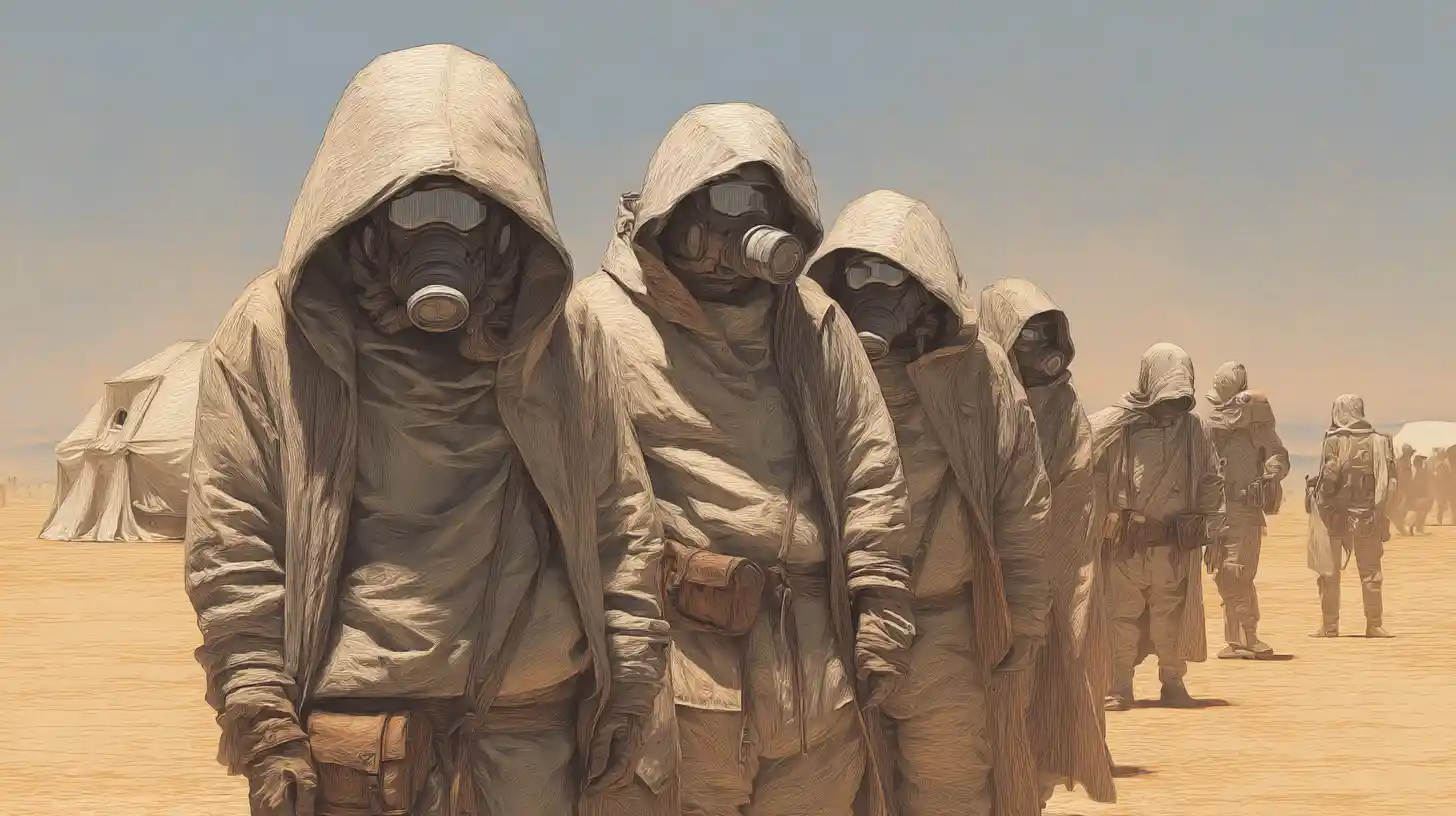 Desert monks in protective suits crossing a harsh wasteland