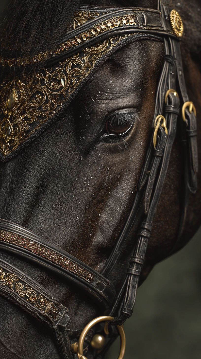 Dramatic close up portrait of a dark bay horse