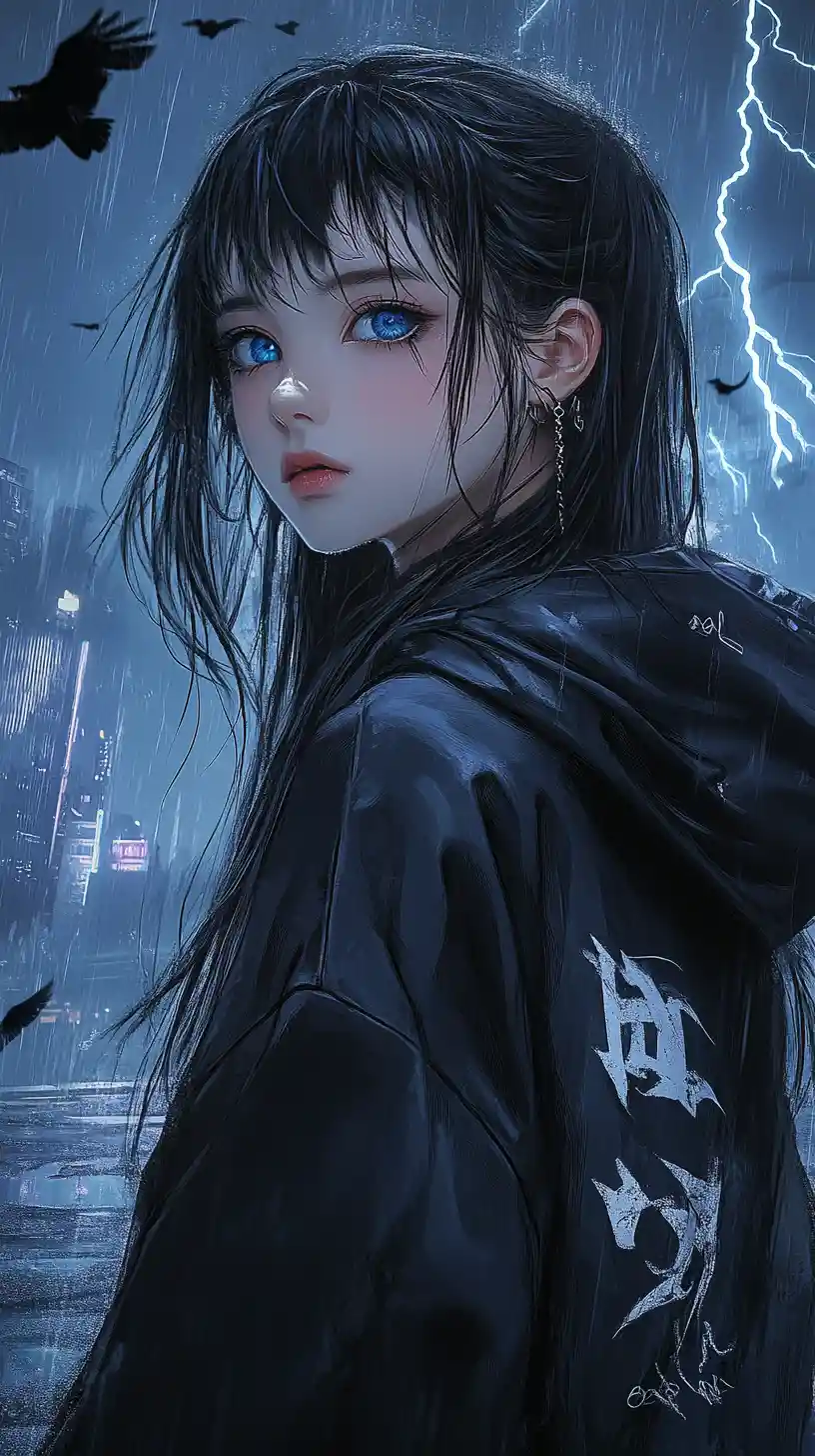 Anime girl in techwear under a moonlit futuristic sky