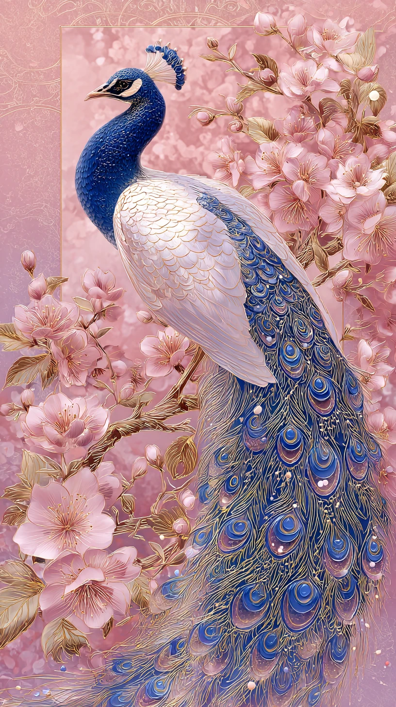 Pavo Real Fantástico entre Cerezos en Flor con Detalles Dorados