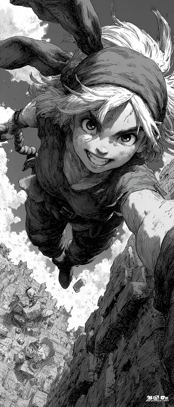Anime sky pirate swinging across a vast floating canyon