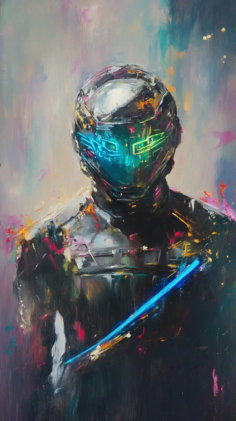 Abstract neon portrait of a heroic futuristic samurai warrior