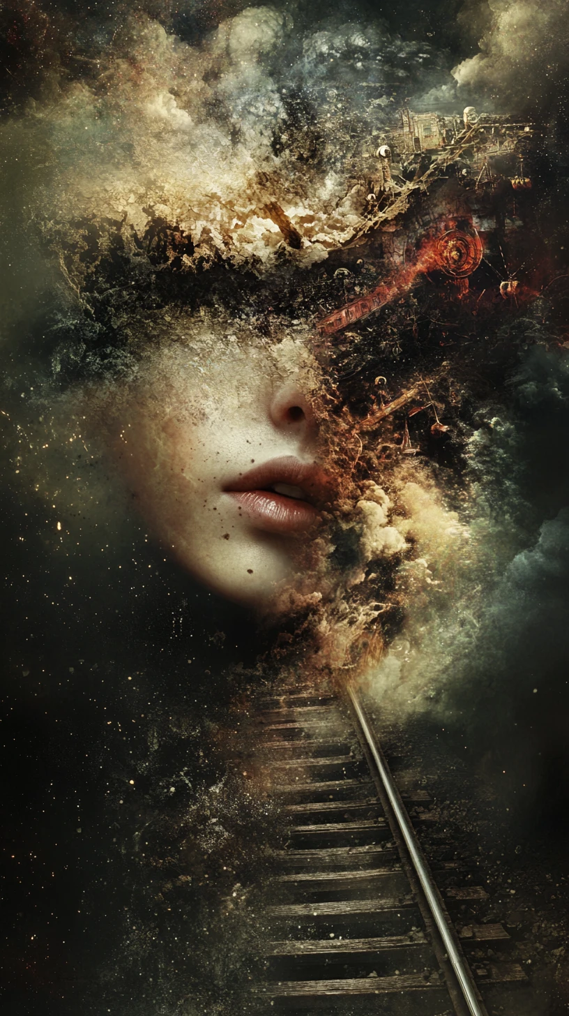 Surreal figure dissolving like ash in a fading world