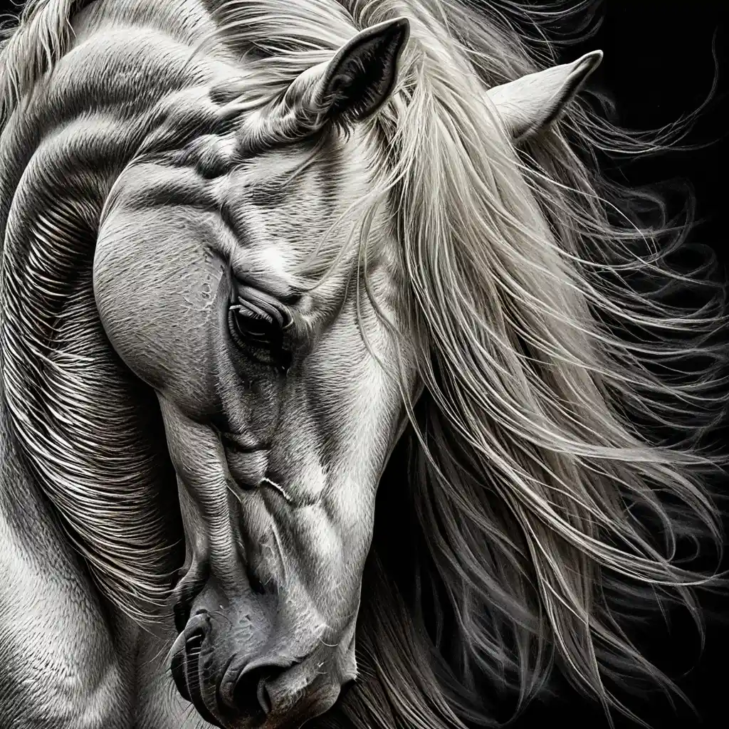 White arabian horse close up in dramatic scratchboard portrait