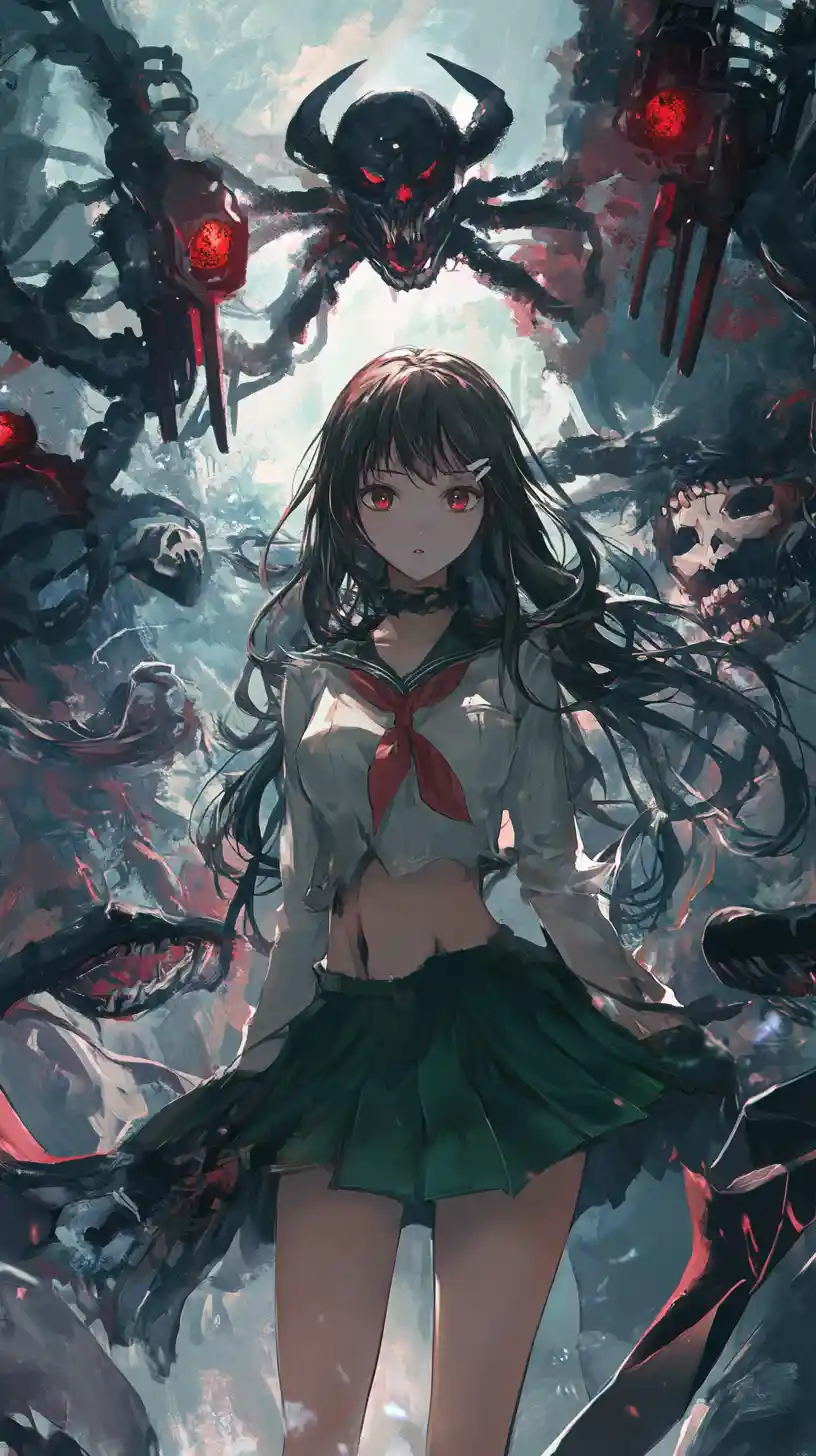 Halloween anime girl with ghosts monsters and candy