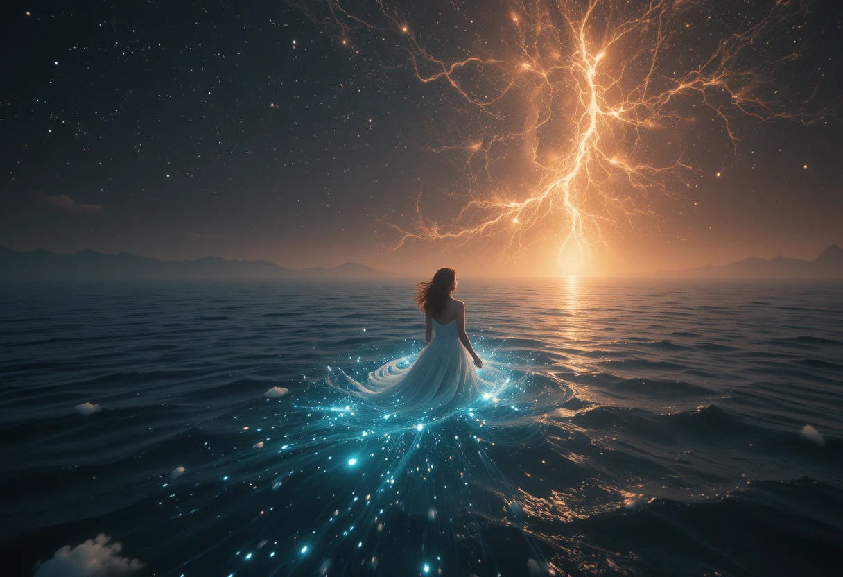 Solitary man gliding across glowing ocean at night