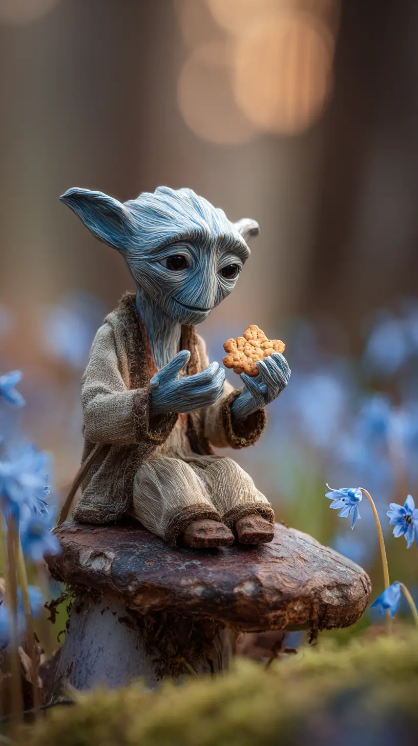 Tiny humanoid resting on a mushroom in a blue flower forest