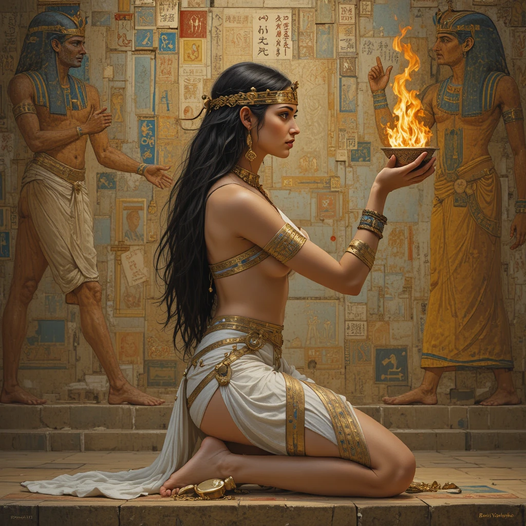 Egyptian priestess of love holding a flaming cup in profile