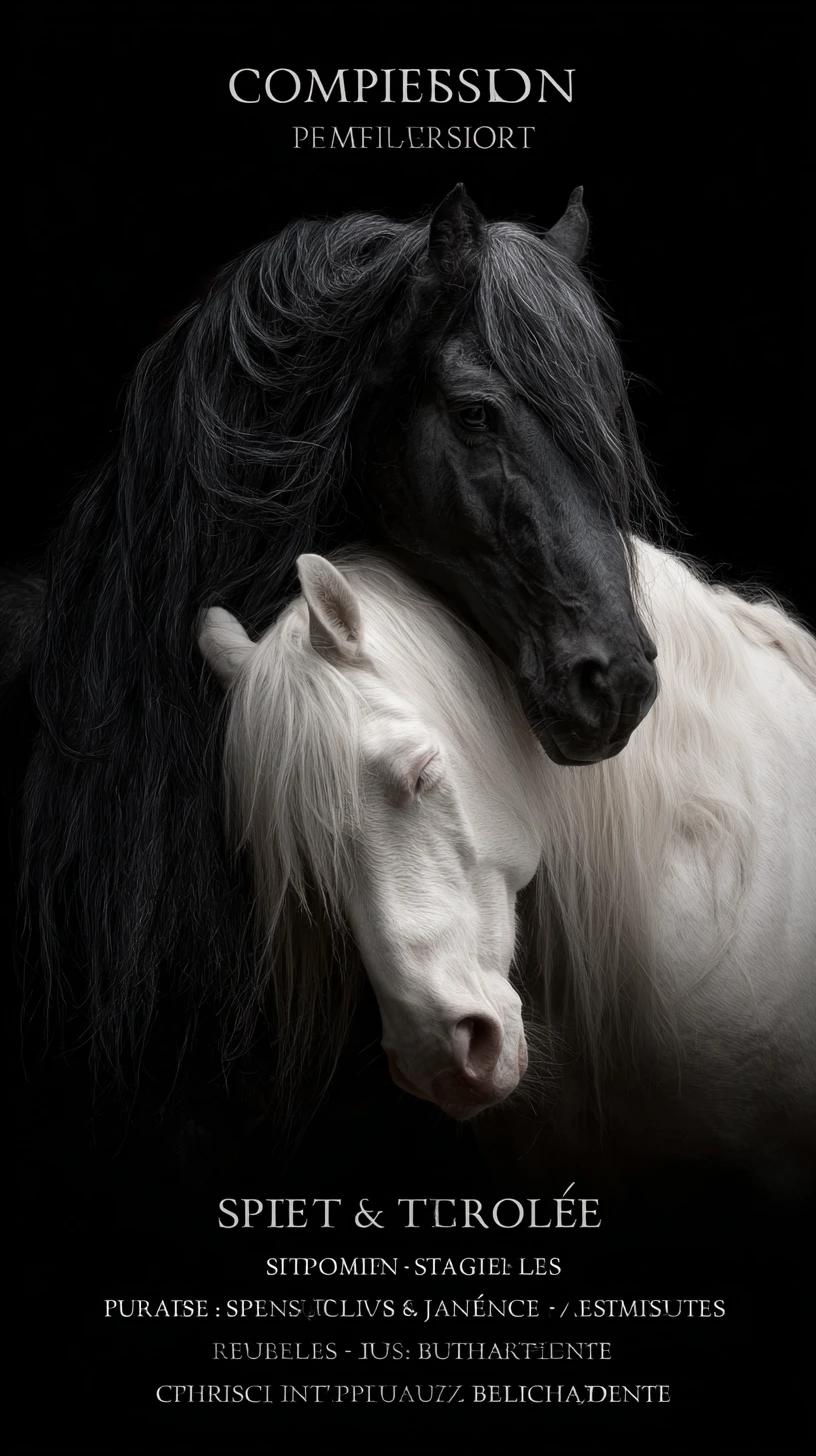 Intimate close up portrait of black and white horses