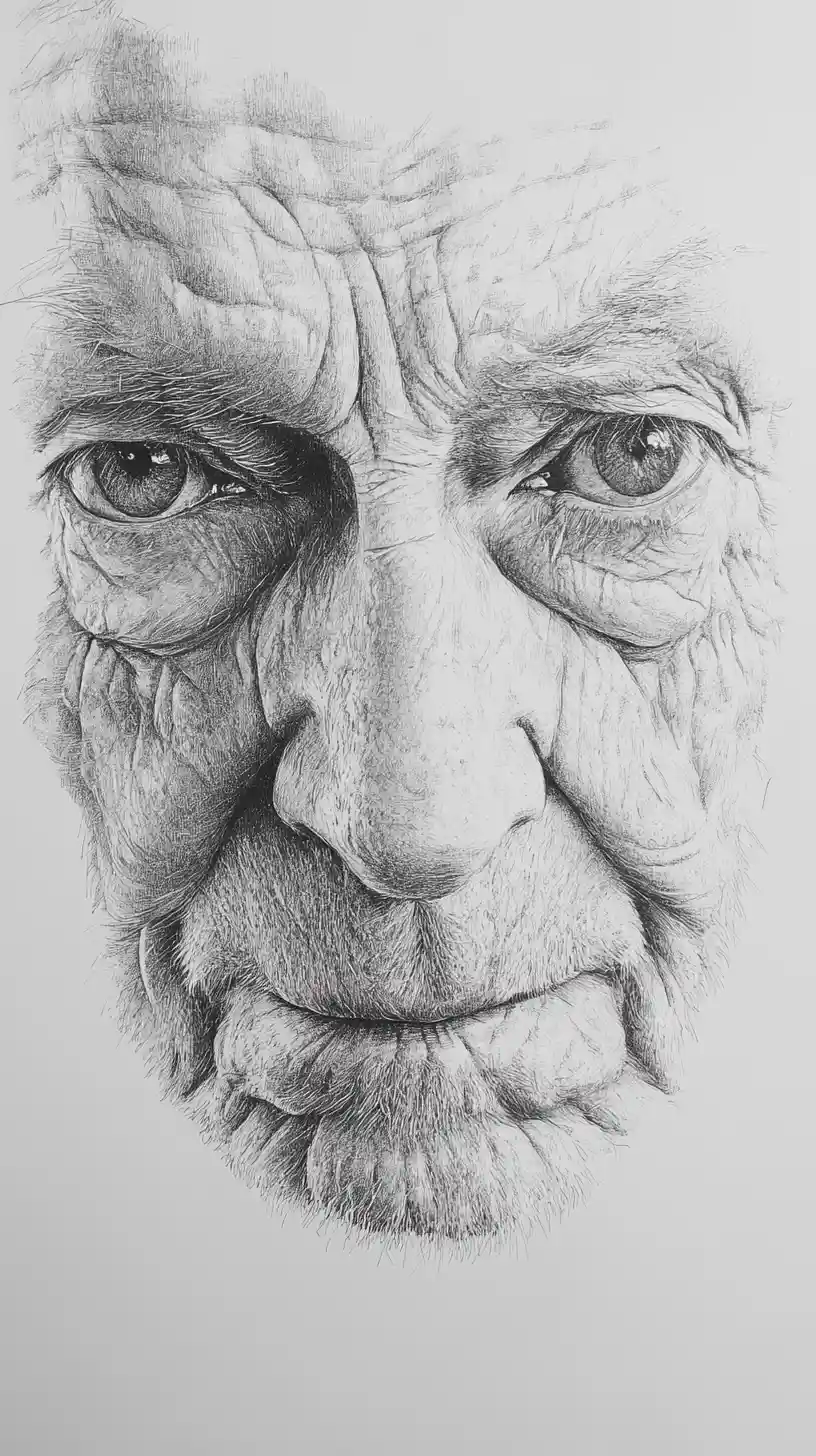 Elderly Man Praying In Extreme Close Up Graphite Portrait