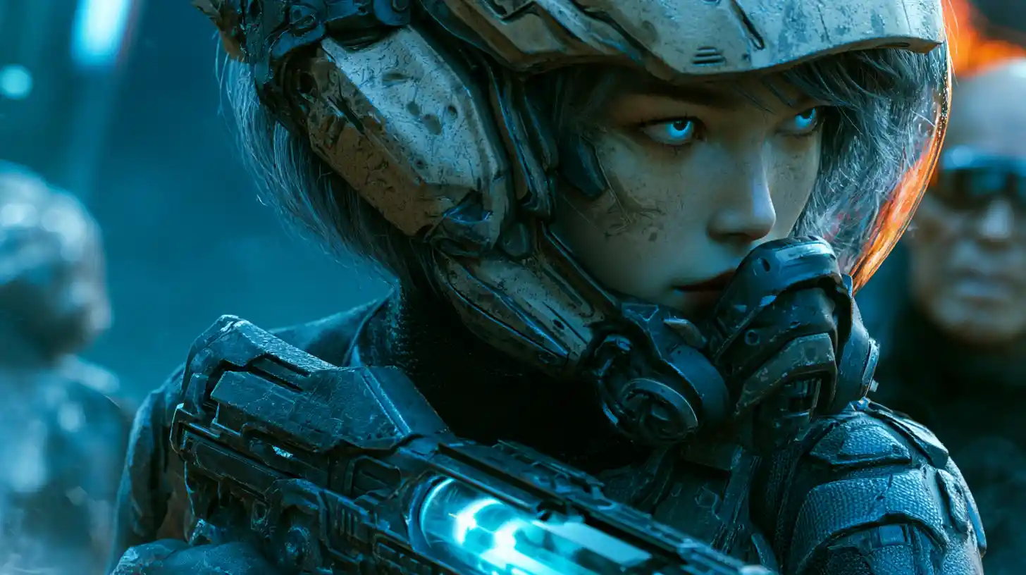 Desert monk woman with robotic gear in atomic wasteland