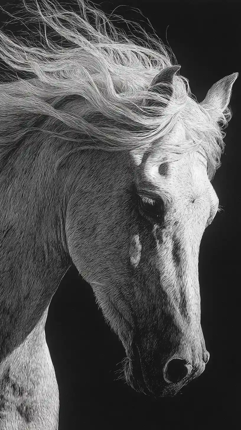White arabian horse close up in scratchboard illustration