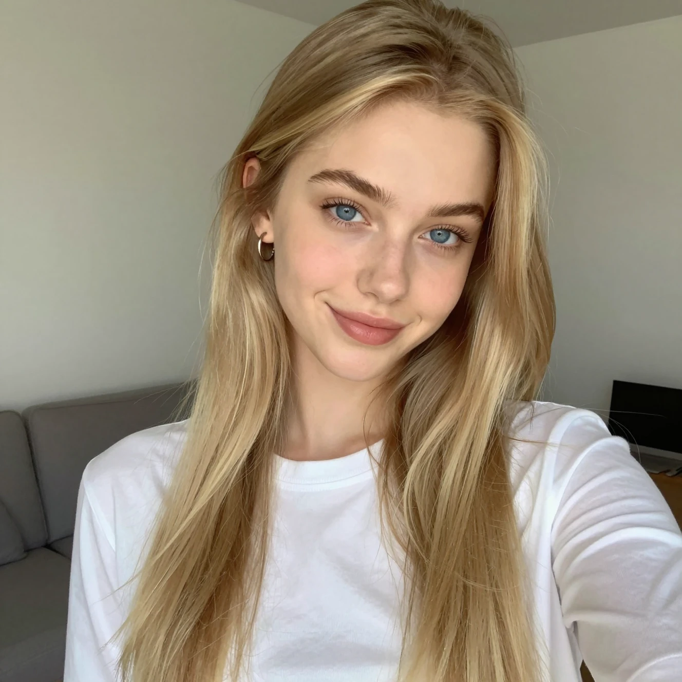 Smiling blonde girl selfie in a bright living room
