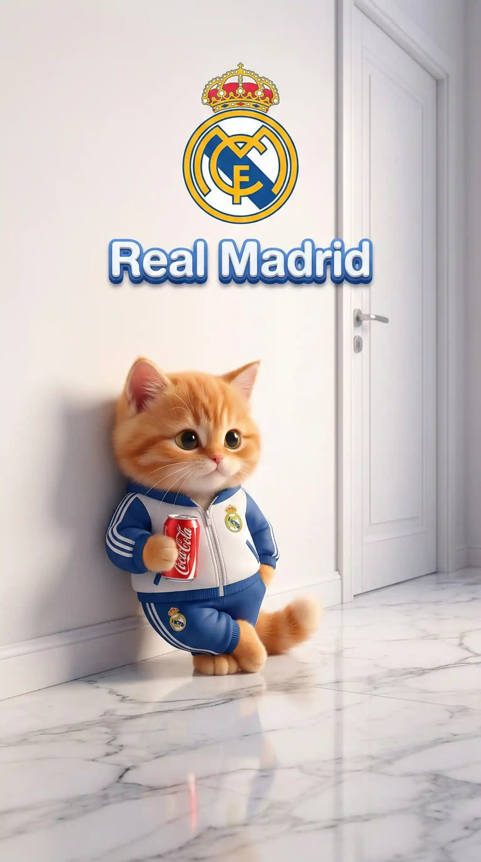 Cute orange kitten in Real Madrid tracksuit with soda can