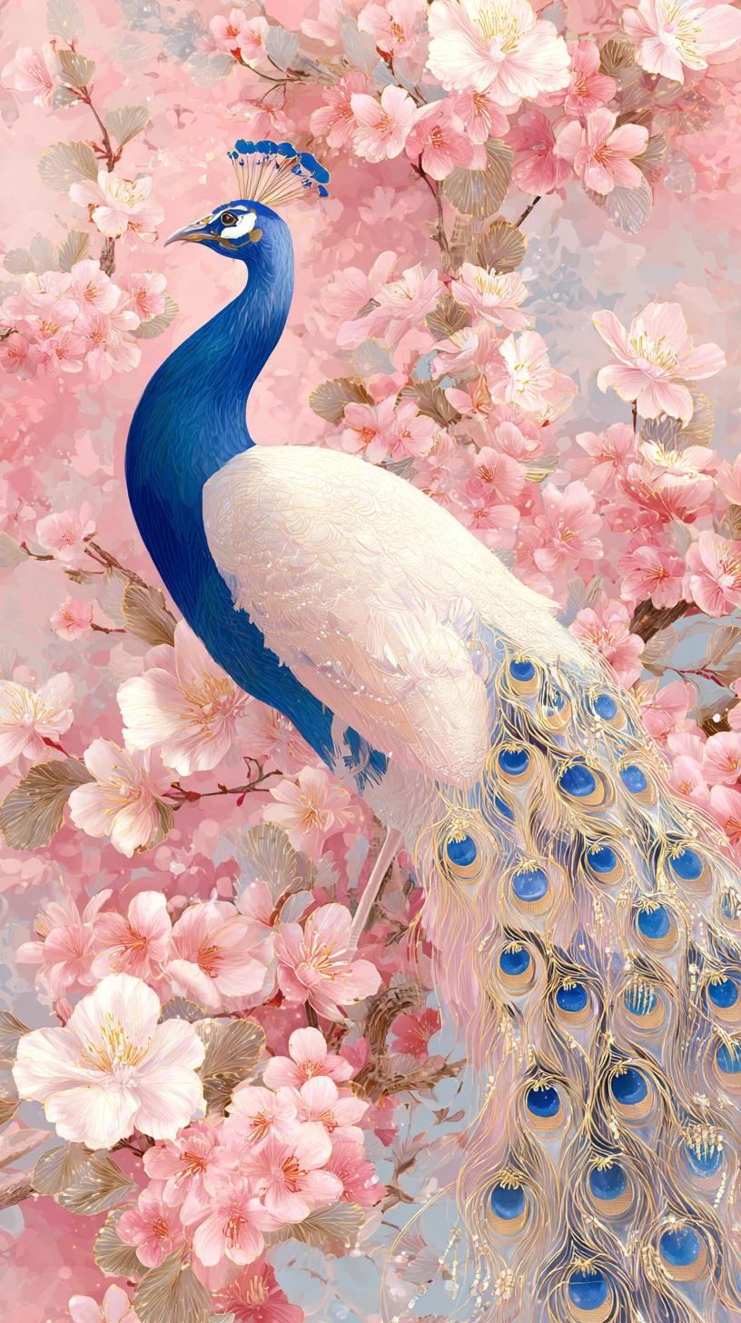 Fantasy peacock among cherry blossoms with golden details