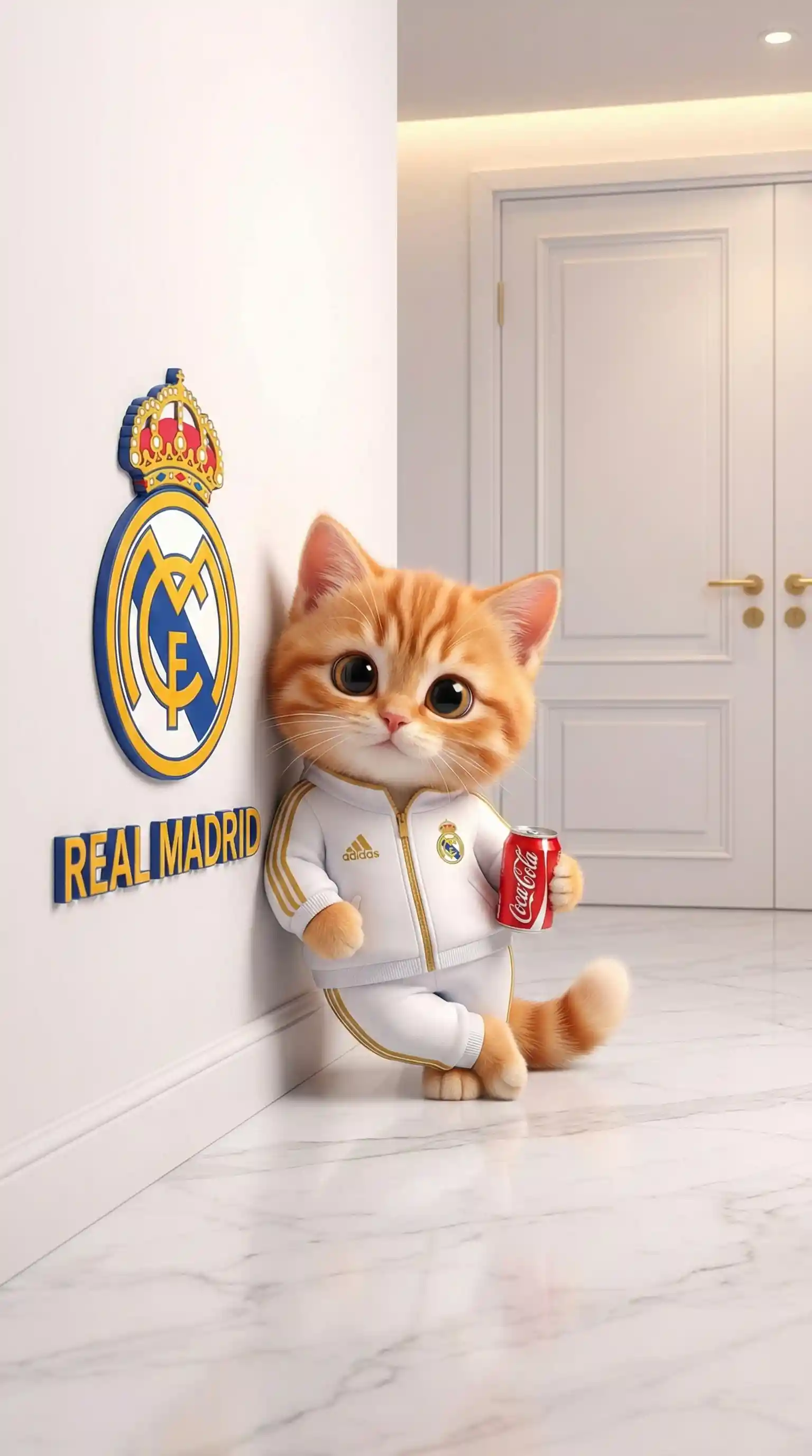 Cute orange kitten in sports outfit holding soda can