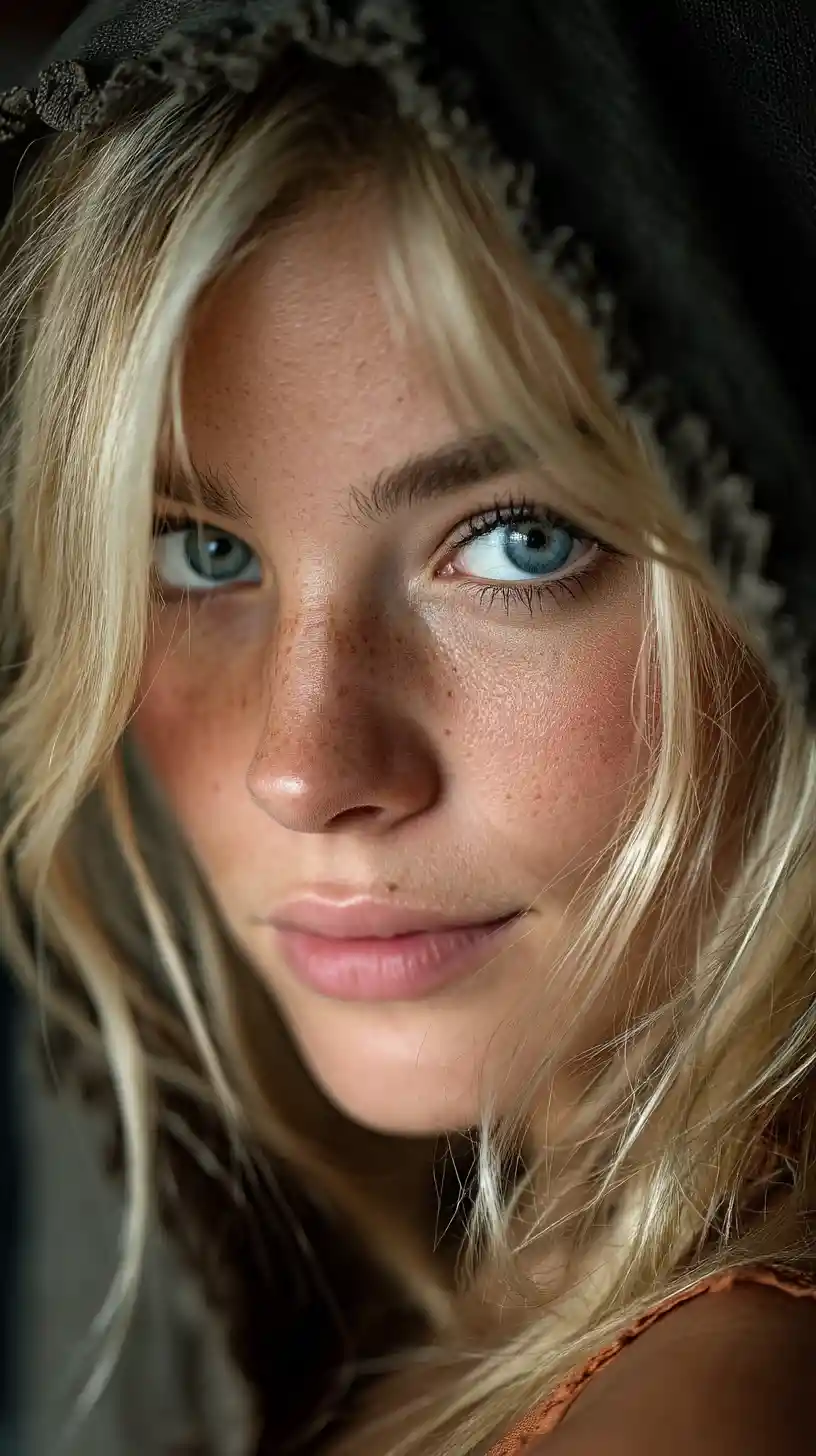 Blonde woman portrait with blue eyes and soft shadows