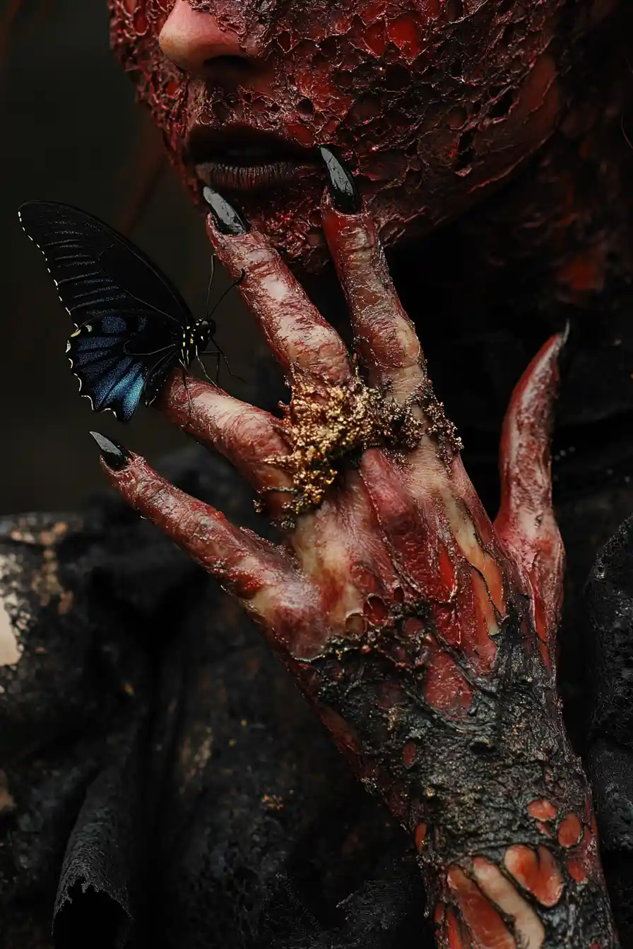 Otherworldly red skinned woman with tattered stylish clothing