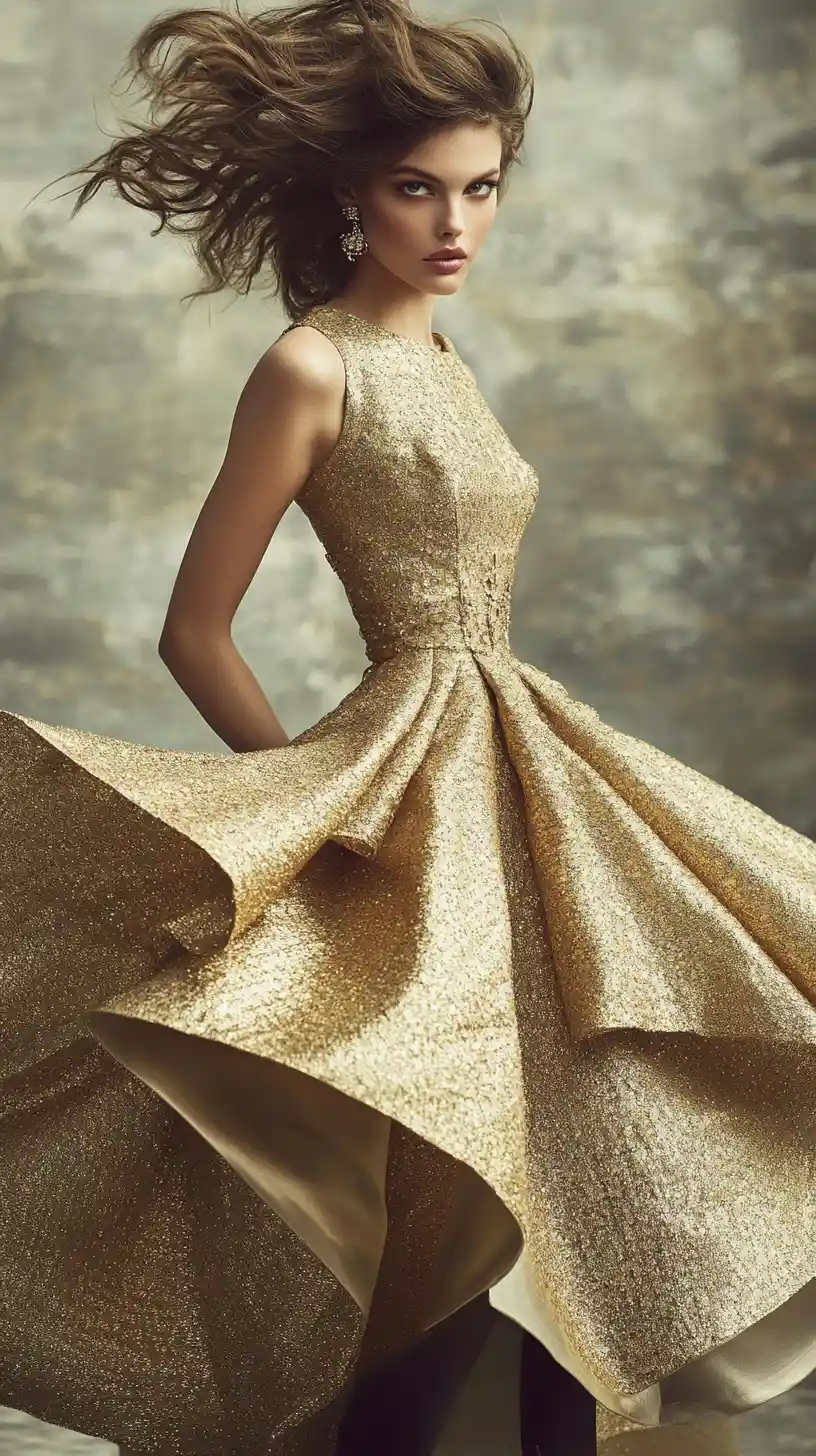 Elegant woman in gold couture dress fashion portrait