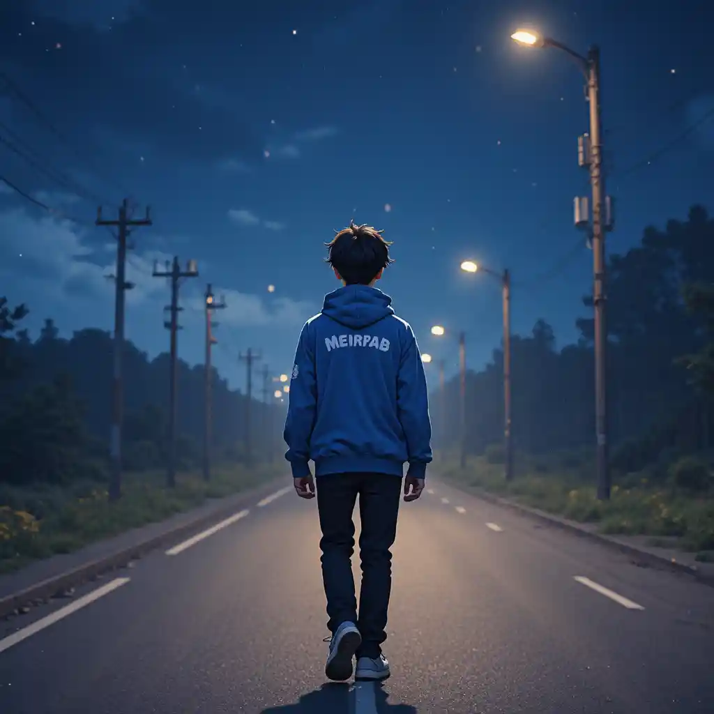 Anime boy in blue hoodie walking alone on night street