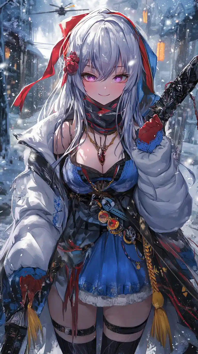 Anime girl in a white down jacket with winter accessories
