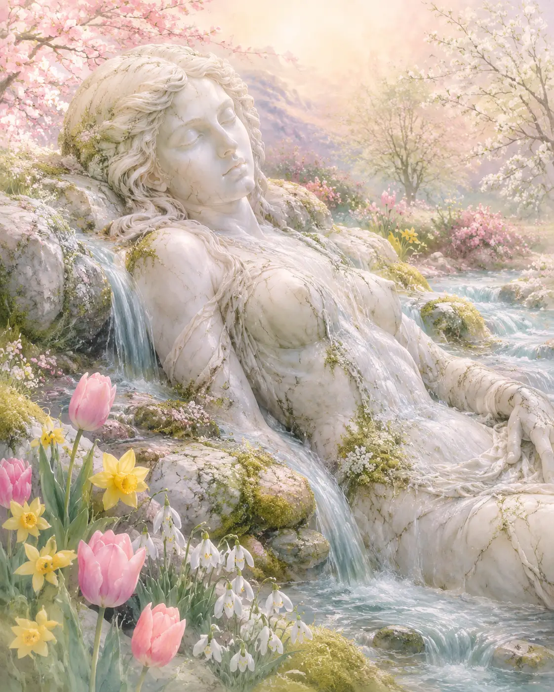 Marmorstatue von Mutter Natur in einem friedlichen Frühlingsbach