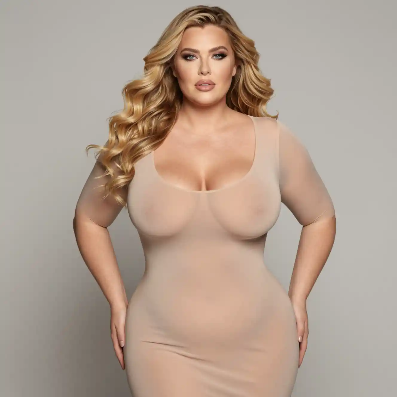 Curvy Woman In Thin Flesh Colored Tight Dress