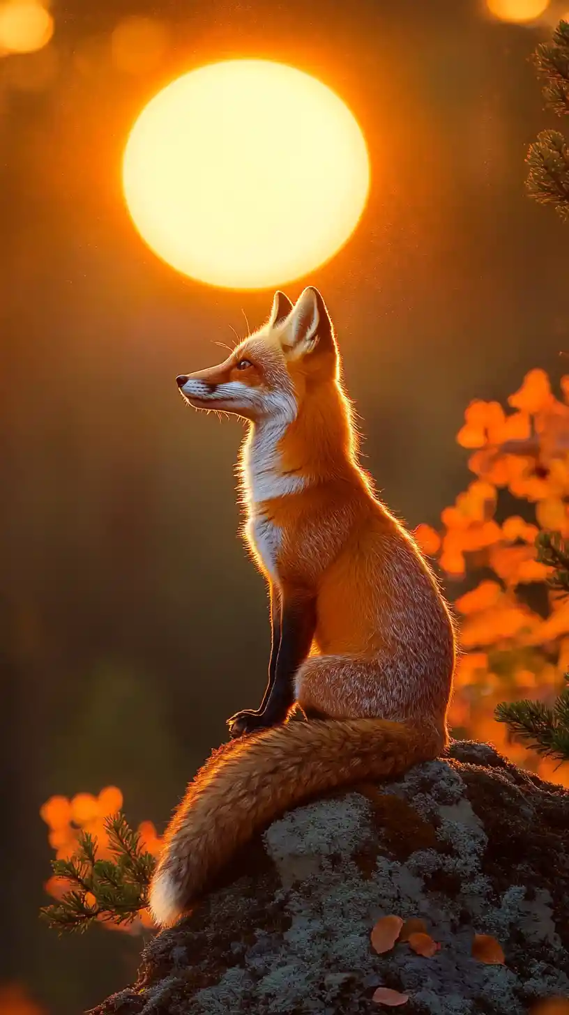 Roter Fuchs als Silhouette auf einem Kamm bei leuchtend bernsteinfarbenem Sonnenuntergang