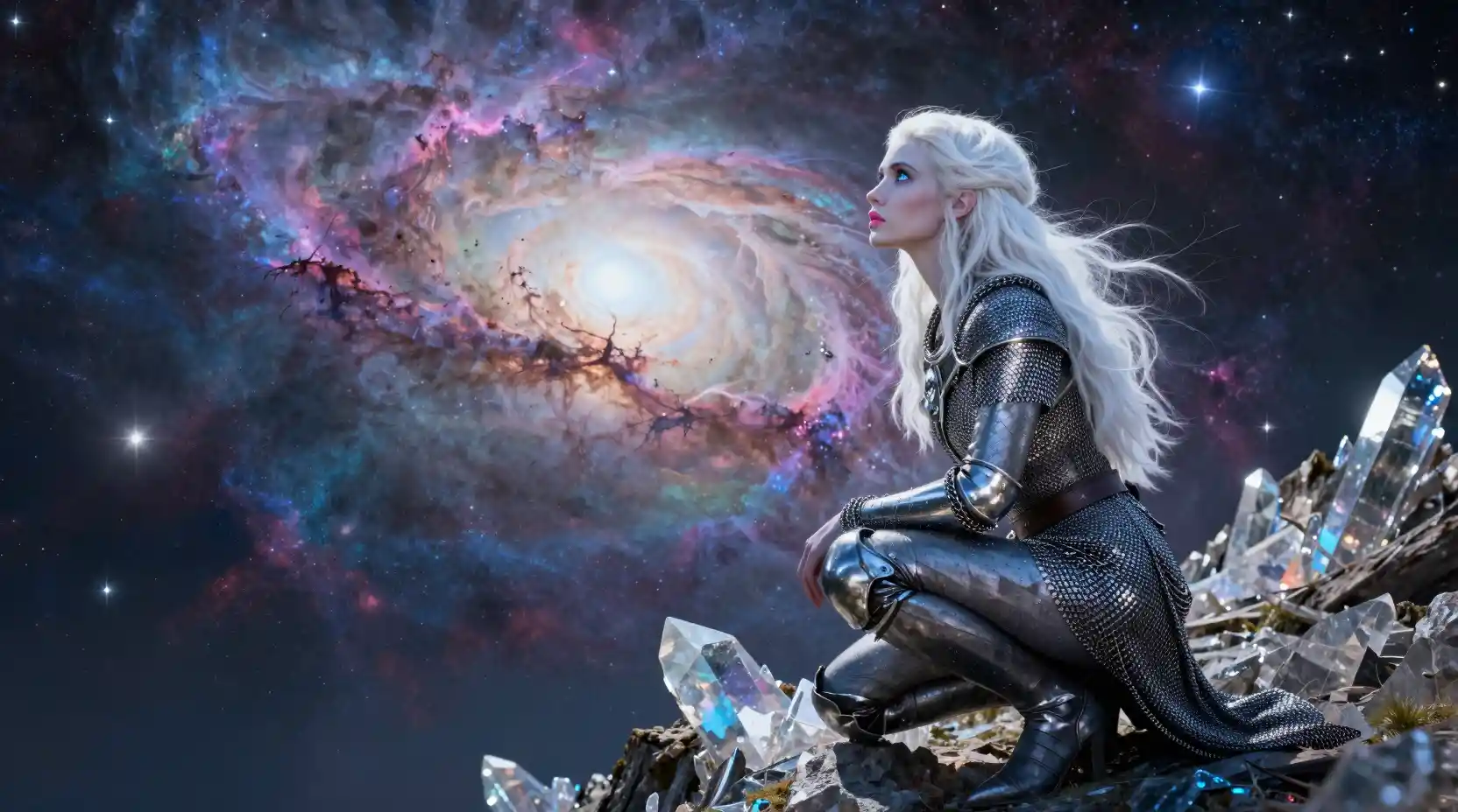 Alien woman on crystalline peak under swirling nebula sky