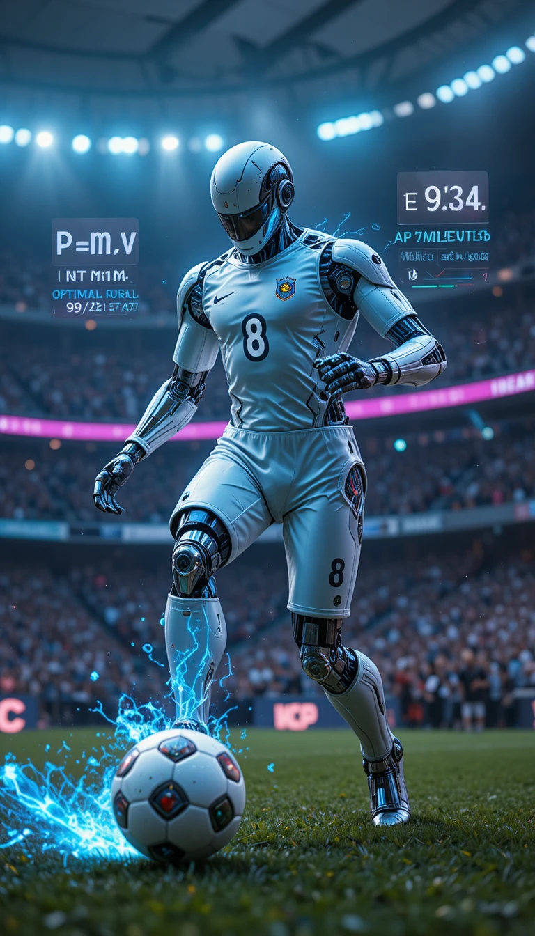 Futuristic robot soccer player powering an energy ball