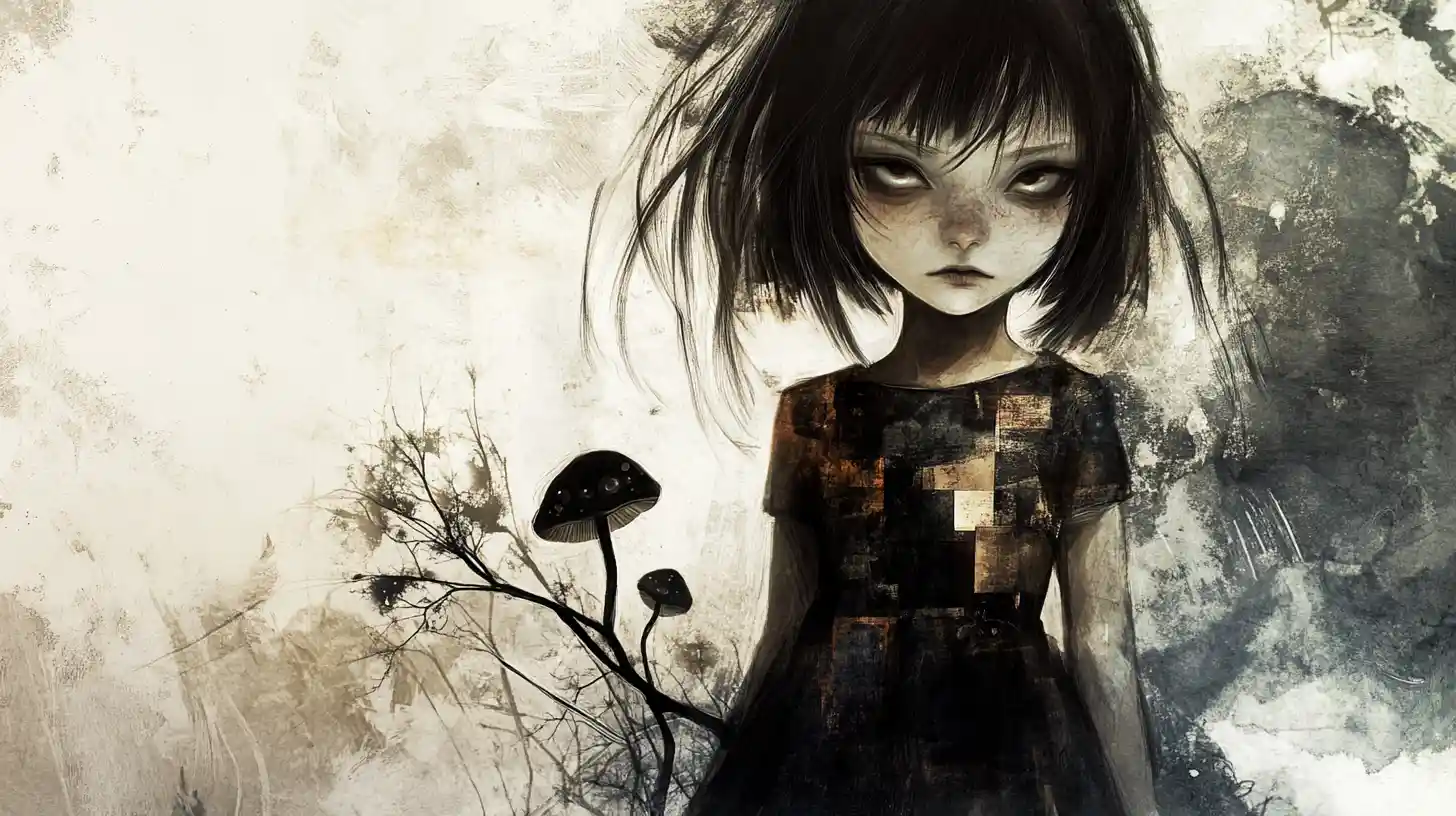 Melancholic girl holding glowing fungi branch in fibers