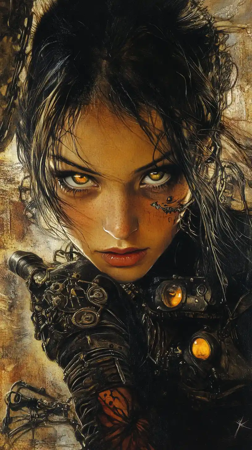 Steampunk girl smiling with a small mouse in her hand