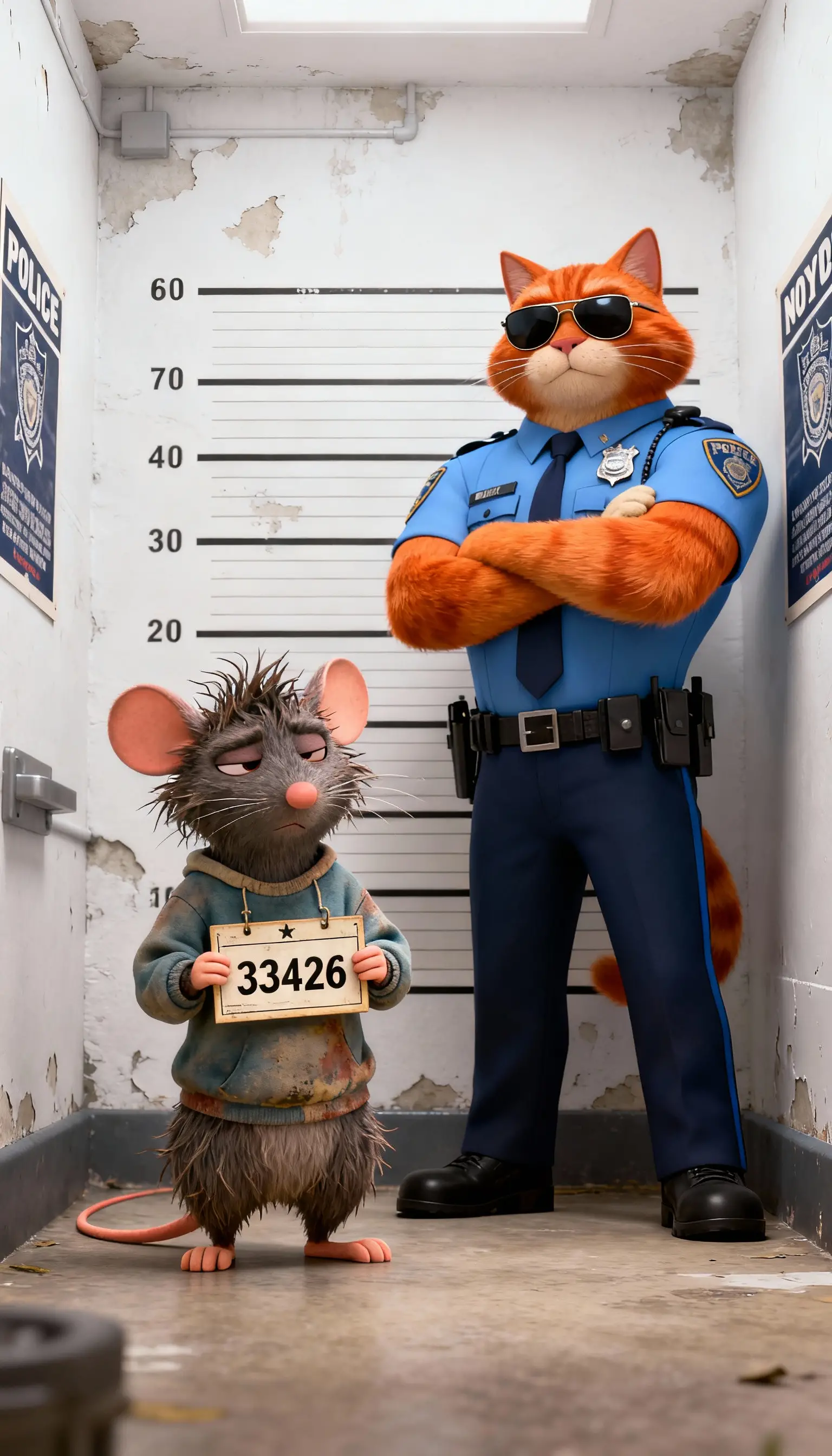 Playful 3D cat cop and scruffy mouse mugshot scene