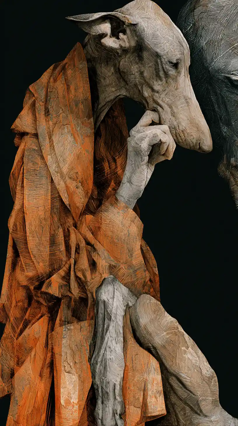 A hanging man confronted by unseen threatening hounds