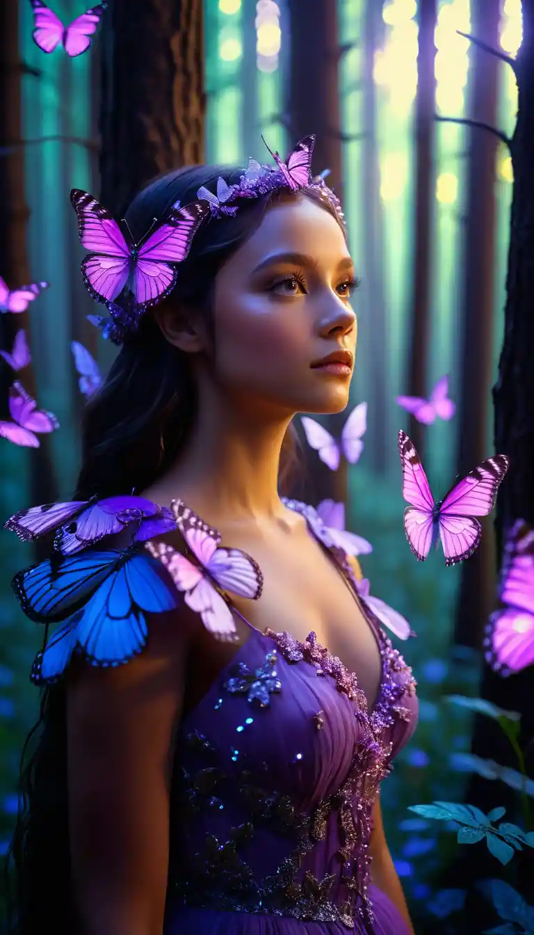 Butterfly warrior surrounded by glowing butterflies at twilight