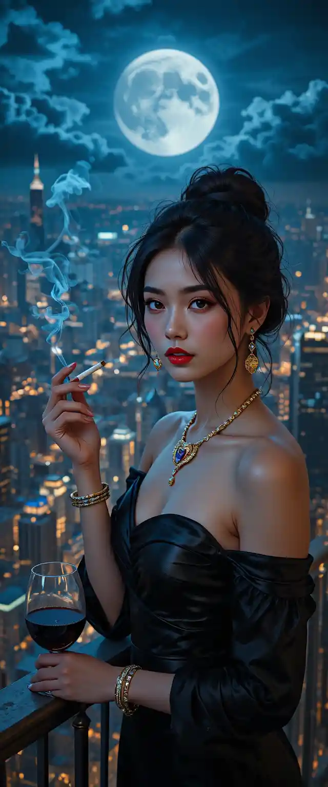 Elegant woman on skyscraper balcony under full moon