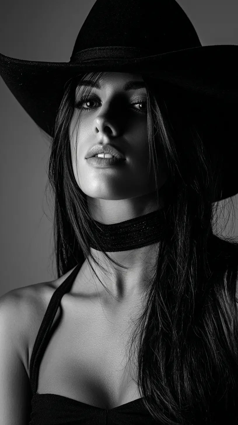 Black and white studio portrait of woman in cowboy hat