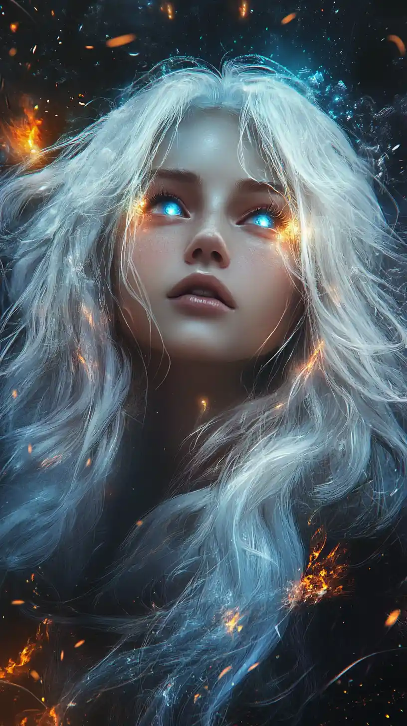 Ethereal woman with glowing hair in a cosmic void