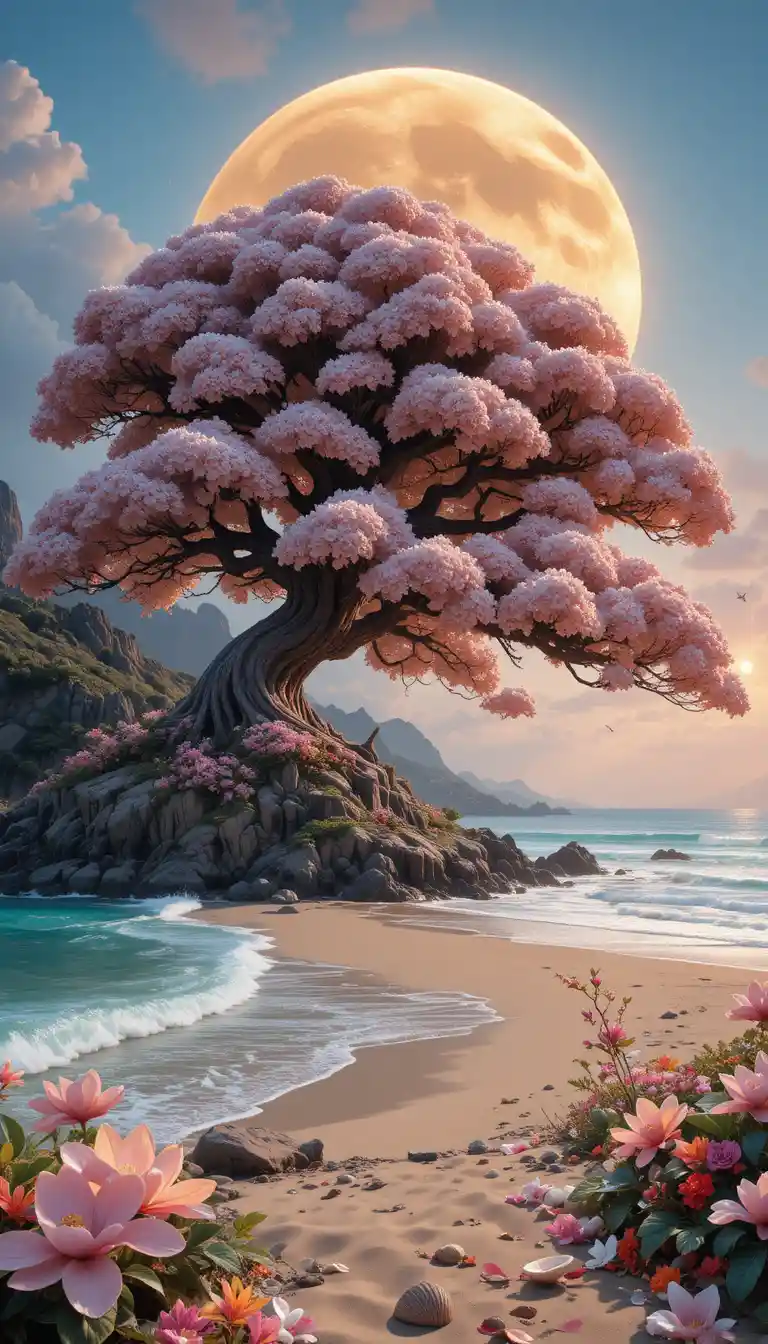 Giant Magnolia Tree On A Fantasy Ocean Coast At Sunset
