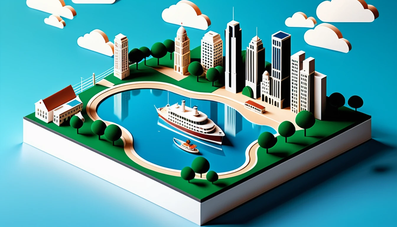 Isometric Detroit coastal cityscape on floating ticket poster
