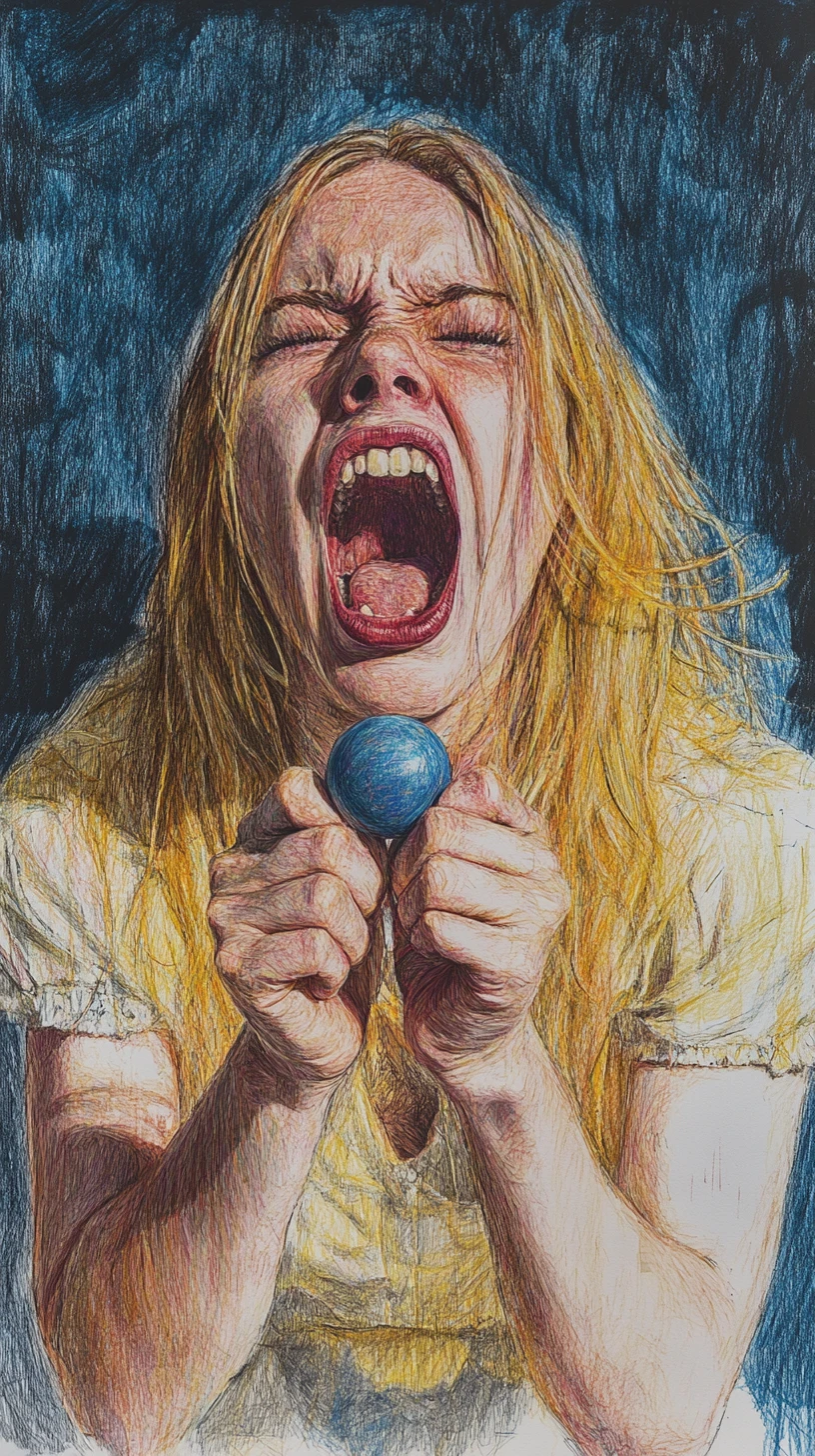 Angry blonde girl struggling with kendama in close up