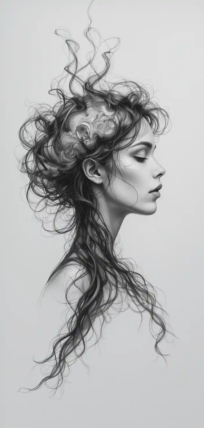 Dreamy woman profile with swirling smoke hair in monochrome