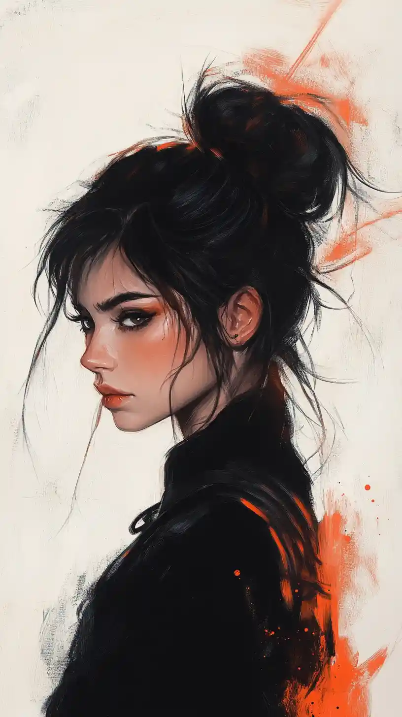Fierce girl in tactical jacket ink and watercolor portrait